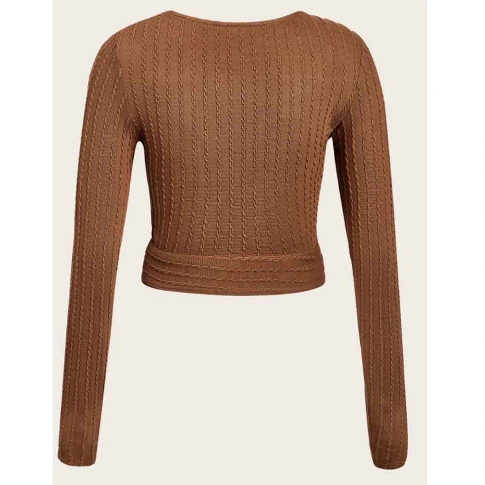 NEW| Women’s Long Sleeve Lightweight Brown Knit Crop Top - Picture 4 of 8
